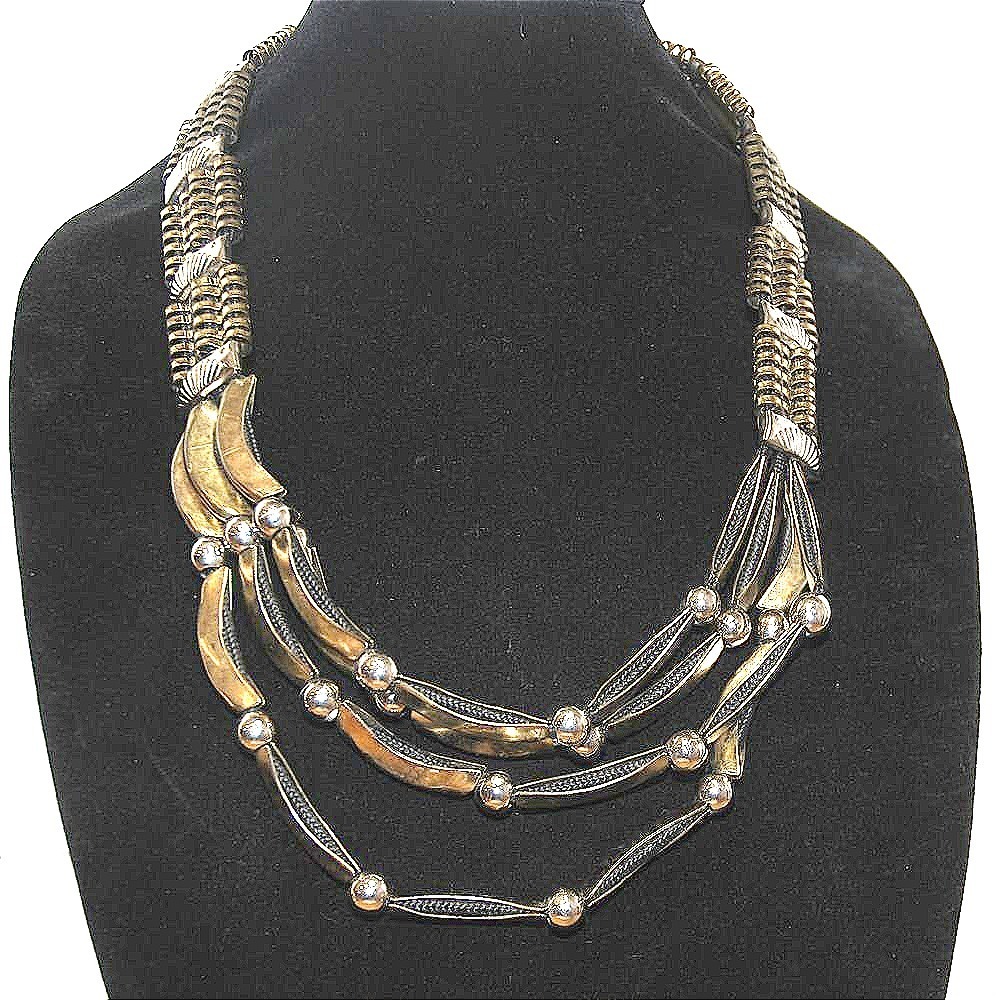 Vintage Rope bib necklace Silver-tone 4 Strands Bikercore Futuristic Layered